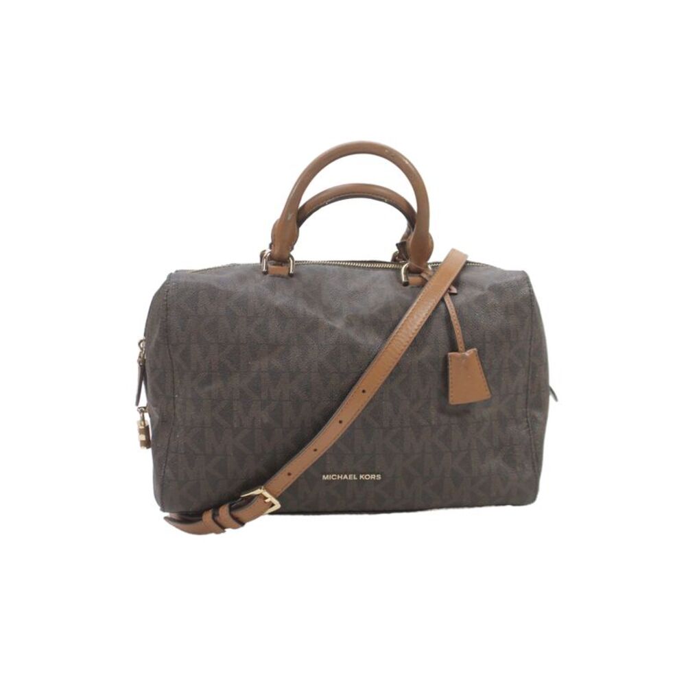 Michael Kors Womens Leather Monogram Top Handle Handbag Brown Gold